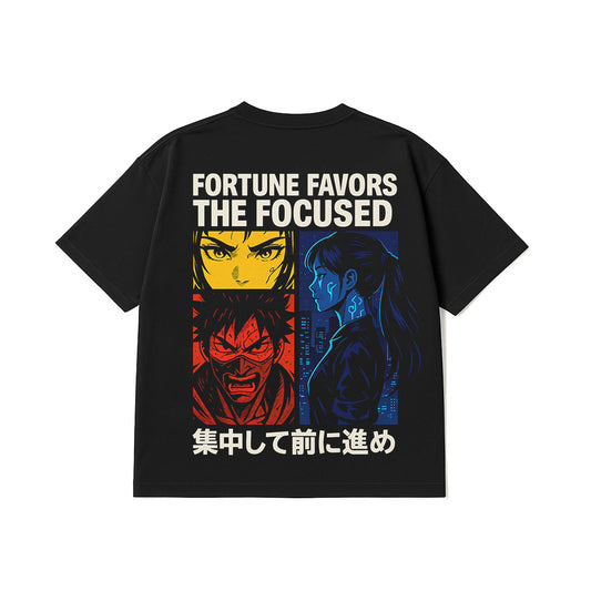 FORTUNE FAVORS THE FOCUSED – OVERSIZED TEE (BLACK | 180 GSM)